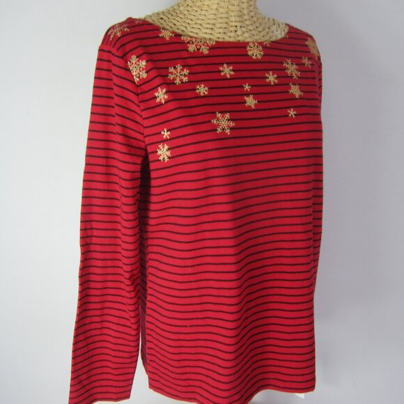 NEW Talbots Women Petite Medium PM Red Black Gold Stripe Snowflake Shirt NWT $45 - Picture 2 of 11